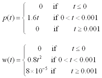 p(t) = 0 if t <= 0 
   p(t) = 1.6t if 0 < t < 0.001 
   p(t) = 0 if t >= 0.001

   w(t) = 0 if t < 0 
   w(t) = 0.8t^2 if 0 < t < 0.001 
   w(t) = 8 X 10^-5 if t >= 0.001